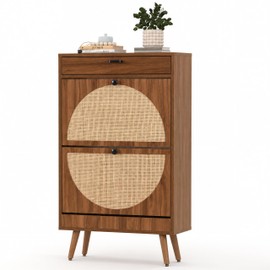 Rattan Shoe Cabinet, Semi Circle, 2 Flip Drawers, Warm Walnut