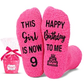 HAPPYPOP Birthday Gift for Child Girl - Dark Pink 9th Socks with Cupcake Packaging Cozy Coral Fleece DIY Present from Mom Family Friends