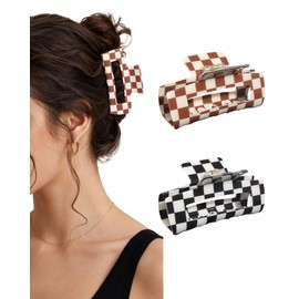 2 Pcs Large Checkered Hair Claws Clips 4.1 Inch Acrylic Curved Hair Catch Barrettes, Classic Leopard Rectangular Jaw Hair Clamps, Cute Plaid Hair Accessories for Thick Thin Hair for Women
