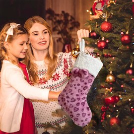 Vanteriam Pink Leopard Print Christmas Stockings, 3 Pack Large Xmas Stockings with Pink Plush Faux Fur Pom Pom Balls for Family Kids Xmas Fireplace Holiday Party Decorations