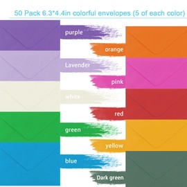50 Pack 4 x 6 Envelopes A4 Multicolor Envelopes, V Flap Envelopes for Greeting Cards,RSVP Cards,Birthday,Wedding, Graduation, Baby Shower Invitations