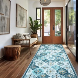 FLYRUGGO 2'6''x8' Runner Rug, Washable Boho Runners for Hallways, 8ft Moroccan Trellis Kitchen Rug Runner, 8 Feet Turquoise Soft Bedside Rug Carpet for Bedroom Kitchen Laundry Room - Teal/Multi