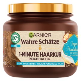 Garnier True Treasures Nourishing 1-Minute Hair Treatment for Dry and Unruly Hair, with Argan Oil and Almond Oil for Smooth Soft Hair, Vegan Formula, 1 x 340 ml