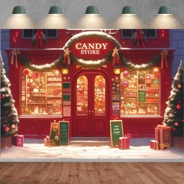 Candy Shop Red Door Window Backdrop Christmas Windows Gift Shop Kids Birthday Party Photography Background Merry Xmas Sweet Candy Shop Decoration Backdrop New Year Family Party Banner