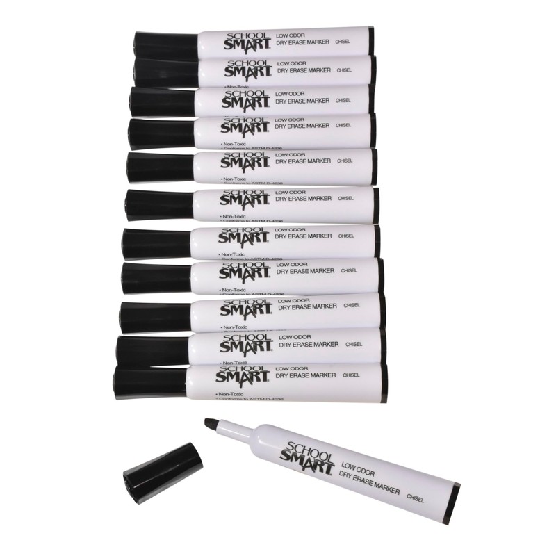 School Smart Dry Erase Marker, Low Odor, Chisel Tip, Black,