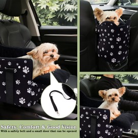 Cullaby Center Console Dog Car Seat Safe Travel for Small Dogs Under 15 lbs Detachable Washable Pet Carrier with Storage Pockets & Safety Belt,Black