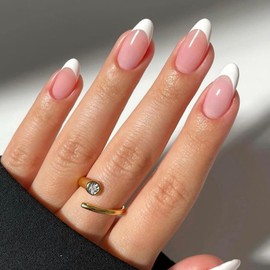 Modelones French Tip Press on Nails Almond, Short Almond Fake Nails, Reusable Nail Kit with Nail Glue Adhesive Tabs Mini Nail File, Nails Press Ons 32Pcs 16 Sizes