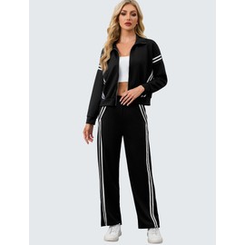 Aokivvy Women's 2 Piece Outfits Lounge Sets for Women Sweatshirt Zip Up Sweatsuit Wide Leg Sweatpant Tracksuit Matching Set(Black,S)