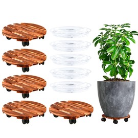 5 Pack Plant Caddy with Wheels Heavy Duty 16 Inch Wooden Plant Stand with Wheels Plant Dolly Rolling Plant Stand Plant Roller with Casters for Indoor and Outdoor with 5 Pack Plant Saucers, Round