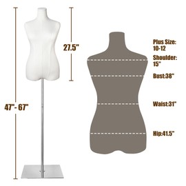 SHAREWIN Female Mannequin Torso Plus Size Women Dress Forms for Sewing Manicanequin Body High Stability Silver Metal Stand for Clothing Dress Jewelry Display Adjustable Height Size 10-12