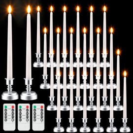 Fumete 24 Pack Flameless Taper Candles with Remote Control and Timer Flickering LED Taper Candles Realistic 3D Flame LED Window with Base Holiday Wedding Home Decor(Silver)