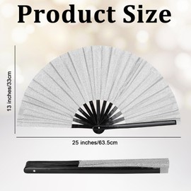 Motthjcw Bamboo Hand Fans, 13 Inch Large Glitter Rhythmic Clack Hand Fans for Women Foldable, Rave Fans for Line Dancing, Rave Accessories for Club Party Dance Festival Essentials (Silver Glitter)
