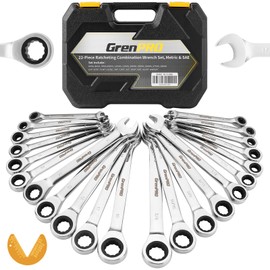 GRENPRO 23 Piece Ratcheting Wrench Set, Open End Wrench Set Metric And Standard 6-18mm & SAE 1/4"-3/4", Combination Wrenches Sets, Organizer Tool Box, 72 Tooth Large Wrench Hand Tools Set With 1 Gauge