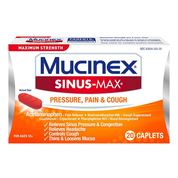 Mucinex Maximum Strength Sinus-Max Pressure and Pain Caplets, Relieves Sinus Pressure & Congestion, Headache & Fever, and Thins & Loosens Mucus, 20 Count (Pack of 3)