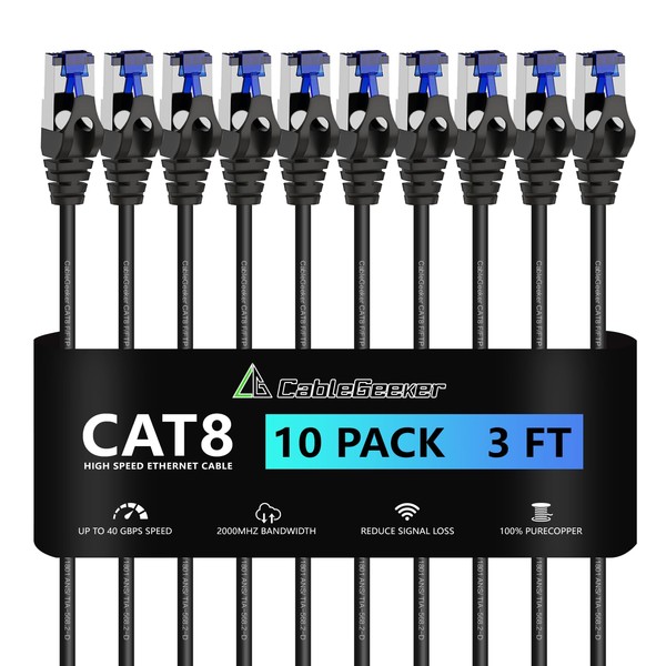 CableGeeker Patch Cables Cat8 3ft 10 Pack Slim, Cat8 Ethernet