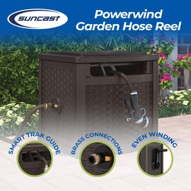 Suncast 150 Foot Slide Trak Outdoor Garden Wicker Resin Water Hose and Reel Hideaway with Brass Connections for Patio or Backyard, Java