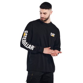 Caterpillar Men's Trademark Banner Long Sleeve Tee Shirts with Center Back Neck Wire Management Loop and CAT Logo, Black - Small