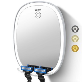 Widitn LED Shower Mirror Fogless for Shaving, Adjustable Shaving Mirror with Razor Holder, 3 Colors Dimmable Lighting, Wall-Mounted, Shatterproof Anti-Fog Bathroom Shower Mirror for Man