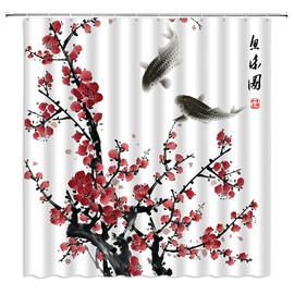FILMILIL Japanese Cherry Blossoms Shower Curtain Asian Chinese Oriental Red Flower Trees Tradition Ink Painting Plum Bossom Bathroom Fabric with Hooks 70 X 70 Inch