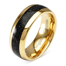 Tungsten Ring for Men Wedding Band Black Sandstone Inlaid Gold Dome Size 6-16 (Tungsten, 12)