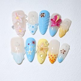 10PC 3D Floral Press-On Nails, French Style Almond short Tips, 100% Handmade Reusable Fake Nails, DIY Nail Art Design Products for Women and Girls (A009, S)