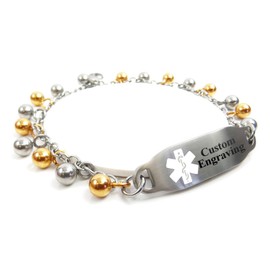 My Identity Doctor - Women's Medical ID Bracelet with Engraving - 316L 2mm Steel Drops - White - Wrist Size 7.25 Inch