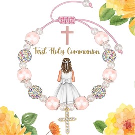 First Communion Gifts,Baptism Gifts,First Holy Communion Pearl Bracelet,Confirmation Gifts for Women,Catholic Gifts,Cross Bracelets Religious Jewelry Gift(First Holy Communion Pearl Bracelet Golden Rhinestone Cross)