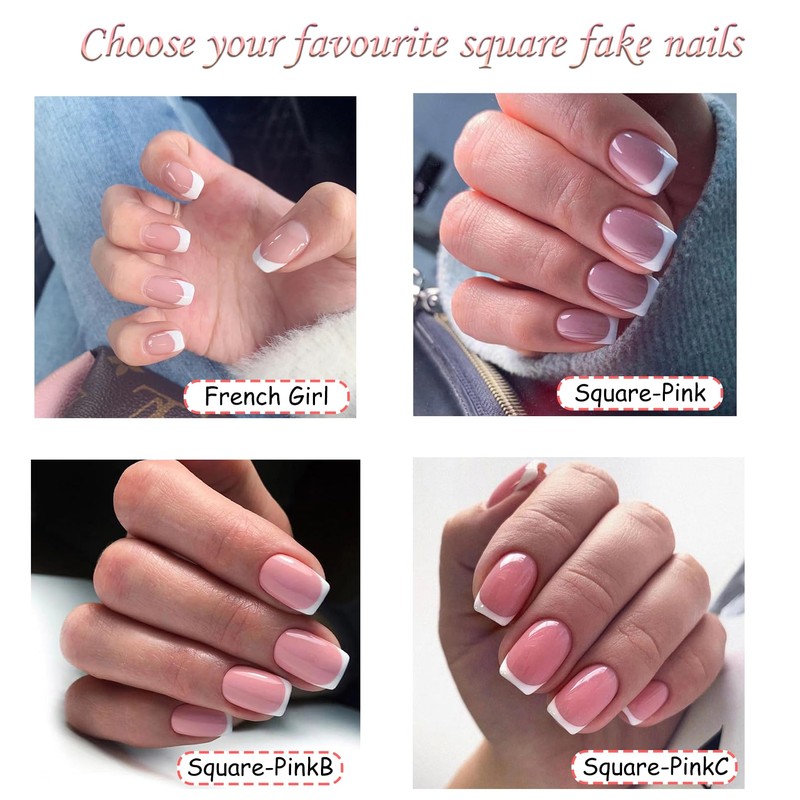 French Style False Nails, Short Stick on Nails, 24pcs Square