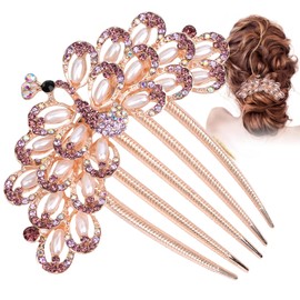 Biiange Hair Comb, Multicolor Metal Peacock Design Hair Accessories, Rhinestones Hair Piece, Crystal Bridal Hairpin for Women and Girls (Purple)
