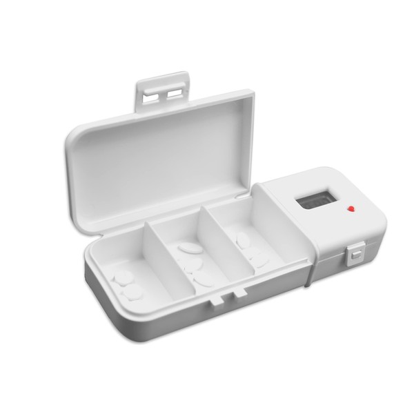 KMINA - Pill Box with Alarm (Countdown), Automatic Pill Box, Medicine Box, 3 Compartments, Pill Box, Morning, Noon Evening, Pill Box, Digital Pill Box, Tablet Dispenser