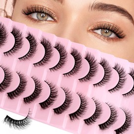 FADLASH Cat Eye Lashes 𝟏𝟎 𝐏𝐚𝐢𝐫 False Eyelashes Soft Fluffy Strips Lashes Wispy 3D Volume Fake Lashes with Black Bond Fox Eye Lashes (XH03)