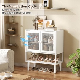 Shoe Storage Cabinet with Visible Mesh Doors for Entryway, Small Shoe Organizer Holds 12-16 Pairs of Shoes up to 11.8"L, Freestanding Wooden Shoe Rack with Front Door for Hallway, Living Room (White)