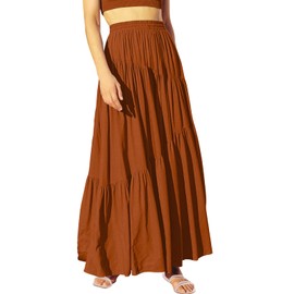 ANRABESS Women’s Boho Elastic High Waist Pleated A-Line Flowy Swing Asymmetric Tiered Maxi Long Skirt Dress with Pockets Rust Large