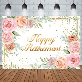 Aperturee 5x3ft Rose Gold Happy Retirement Backdrop Blush Pink Floral Rose Gold Glitters Photography Background for Girls Women Thank You Party Decoration Congrats Retirement Banner