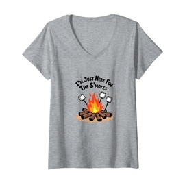 I'm Just Here for The S'Mores Campfire Humor V-Neck T-Shirt, Women, Heather Grey