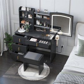 YITAHOME Vanity Desk with Mirror & Power Outlet, Fluted Vanity Table Set with Hidden Jewelry Storage, Big Makeup Desk with 4 Drawers, Dressing Table with Cushion Stool, 3 Lighting Color Modes, Black