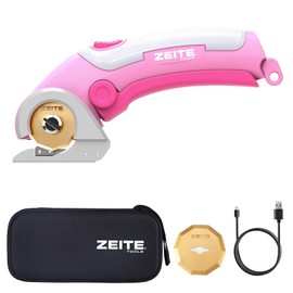 ZEITE 4V Cordless Scissors,Electric Cardboard Box Cutter with Titanium Coated HSS Blades,Rotary Cutter with Safety Lock for Leather Carpet Fabric Cutting,Sewing,Crafting,Storage Case,Pink