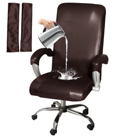 HOMECOVER Stretch Office Chair Cover, Waterproof, Universal PU Leather Swivel Computer Chair Cover with Armrest Covers, Removable Chair Covers, Coffee, Large