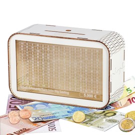 LOVLEY Money Box with Counter - Wooden Money Box for 5000 Euro - Money Saving Money Box for Adults and Children - White with World Map Pattern