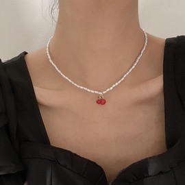TseanYi Cherry Pearl Choker Necklace Vintage Pearl Beadeds Necklace Red Cherry Pendant Necklace Sweet Cherry Fruit Necklace Bridal Pearl Wedding Necklace Pearl Clavicle Necklace