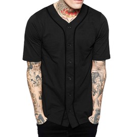 Hat and Beyond Mens Baseball Button Down Jersey (Small, 01up01_Black/Black)