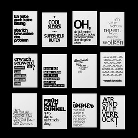 40 postcards in a set with funny sayings on themes such as life, love, motivation, work, office, family, age, party, travel.