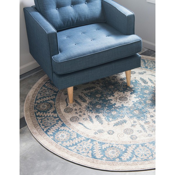 Unique Loom Salzburg Collection Classic Traditional Design Oriental Inspired Border Area Rug, 7 ft 3 in Round, Beige/Blue