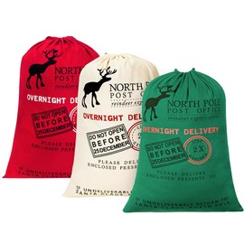 KAHEIGN 3Pcs Christmas Bag Large Santa Sack Canvas Bag with Drawstrings - 3 Colors Christmas Overnight Delivery Gift Bags Extra Large Size 70 x 50cm