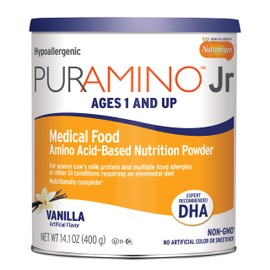 PurAmino Junior Hypoallergenic Toddler Drink, for Severe Food Allergies, Omega-3 DHA, Iron, Immune Support, Vanila Powder Can, 14.1 Oz