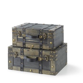 Soul & Lane Wooden Vintage Luggage Trunks - Set of 2, Decorative Antique Suitcase Boxes with Handles and Hinged Lids, Old Fashioned Chests for Home and Table Décor