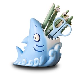 Cute Shark Resin Multifunctional Organizer: Toothbrush Holder, Makeup Brush Storage & Pen/Pencil Holder, Anti - Slip, Decorative Desk,Bathroom Accessory,Shark Decor