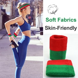 Kids Sweatbands Headband Wristband Set - Athletic Cotton Sweat Band for Sports - Ultimate Sweat-Absorbing 3-piece Set (1 Headband + 2 Wristbands) (Red+Green)