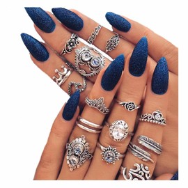 Dusenly 16pcs Vintage Women's Boho Crystal Ring Silver Joint Knuckle Rings Set Tiara Stacking Jewelry Rings for Women and Girls