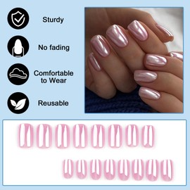 Ceboic 24Pcs Short Square Fake Nails, 12 Sizes Glossy Solid Color Press on Nails, Pink Pearlescent False Nails with Glue Stickers, Removable Full Cover Stick on Nails for Women Girls Nail Decoration